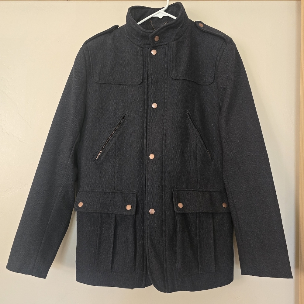 H&M Military Style Wool Blend Men’s Coat Black Herringbone Size 44R